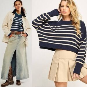 Free People Easy Street Crop Pullover Sweater Navy Mint Blue Size Small